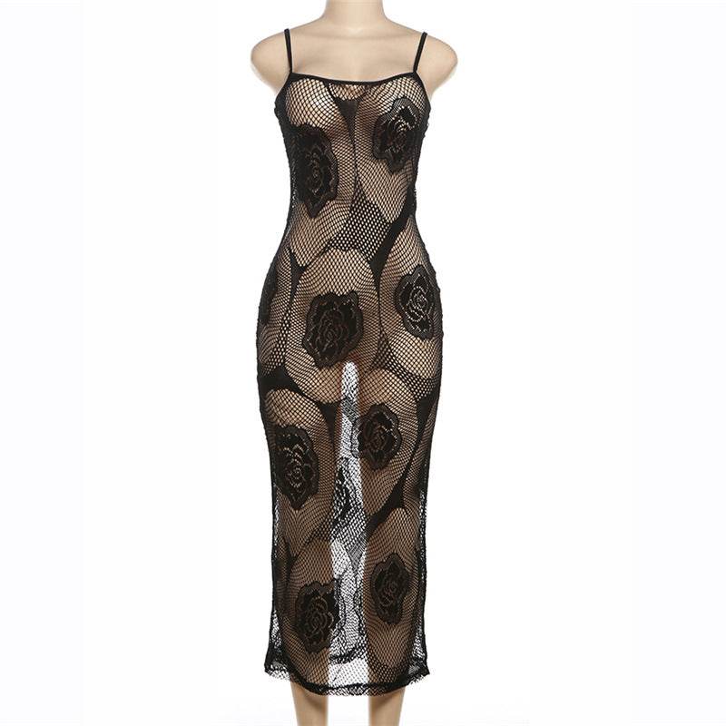 Low Cut See through Hollow Out Cutout Jacquard Strap Long Dress - REBECATHELABEL