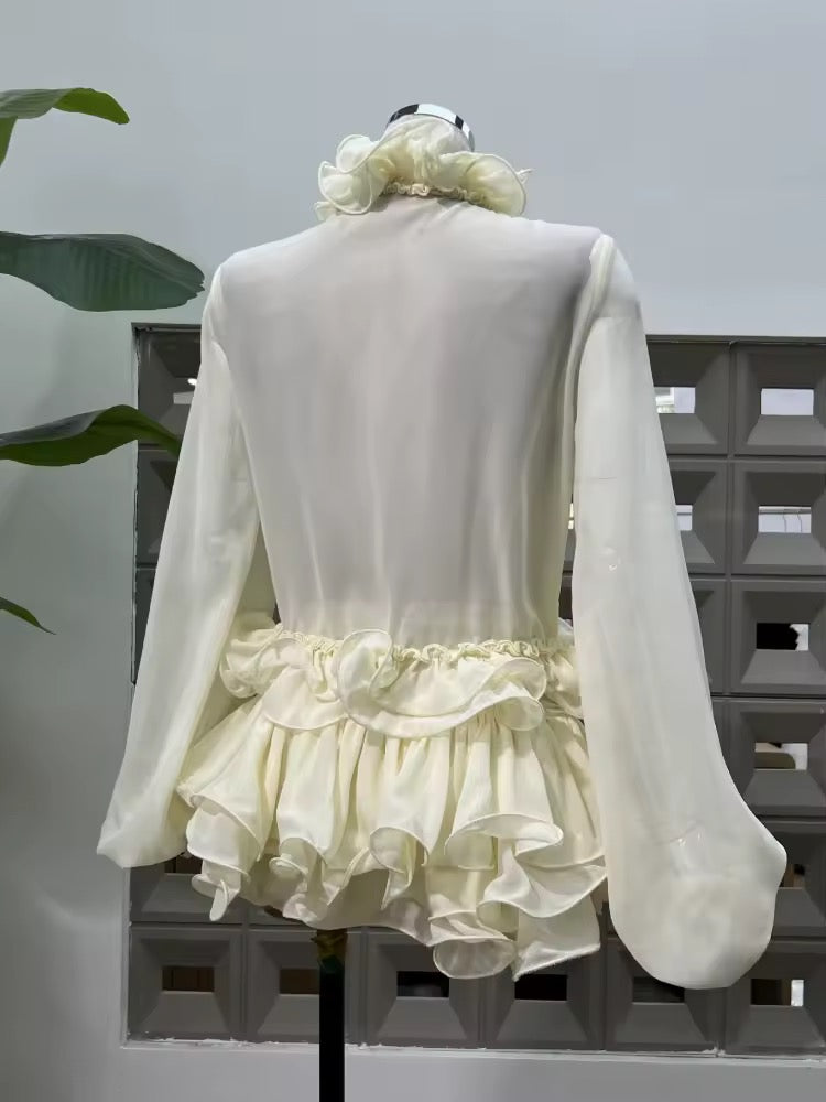 Culottes Two Piece Set Sexy Lace-up Ruffles Long Sleeves Top + Diamonds Mini Skirts Suits