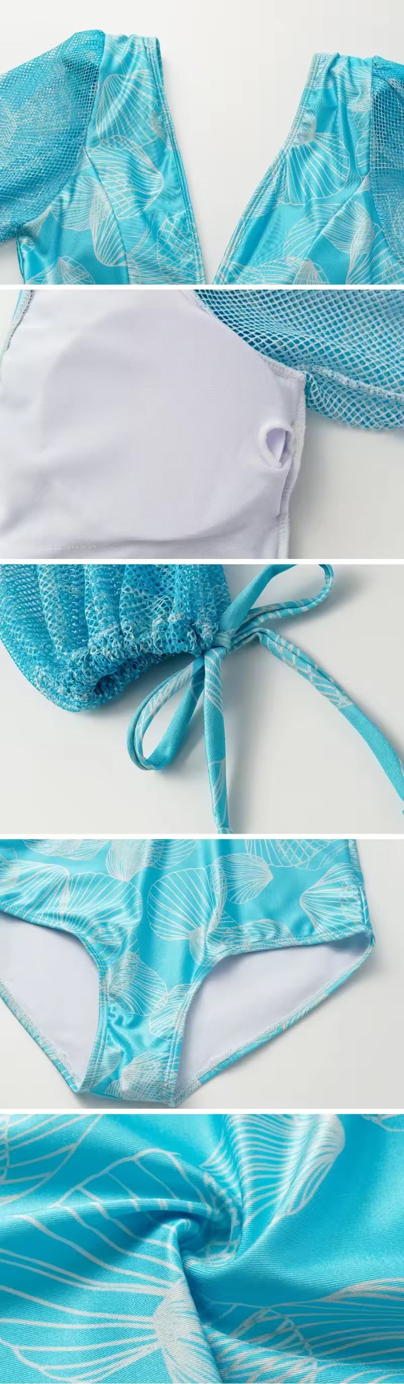 V Neck Shell Print Decor Long Sleeve One Piece Swimsuit and Skirt