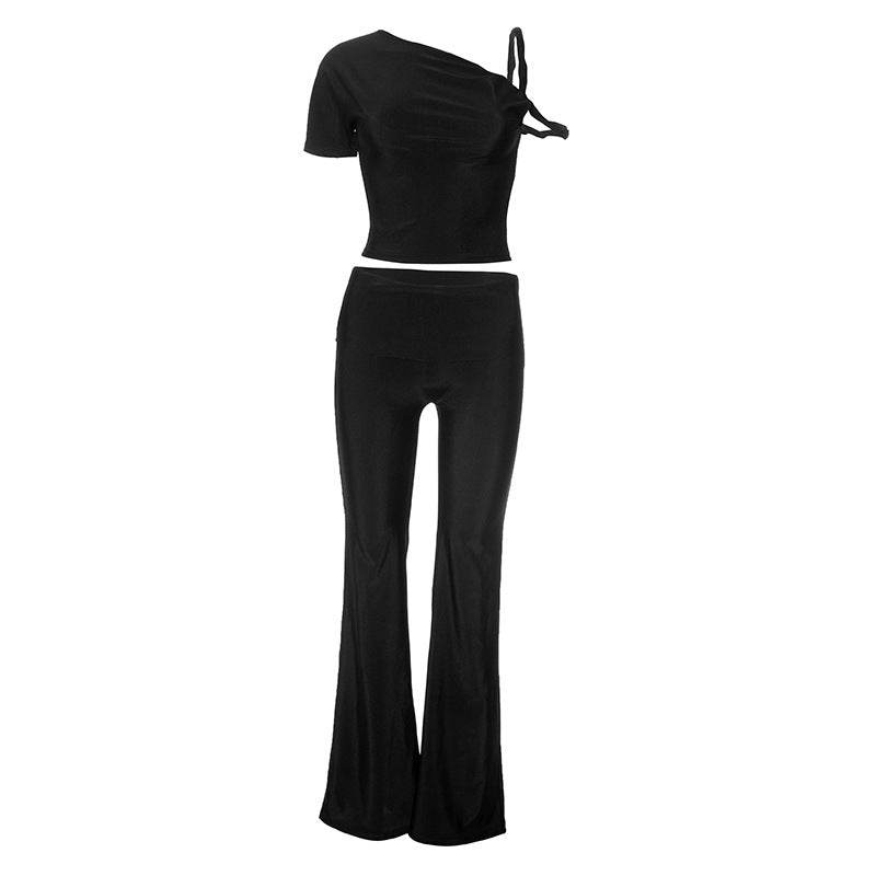Shoulder Oblique Collar Top Low Waist Trousers Set - REBECATHELABEL