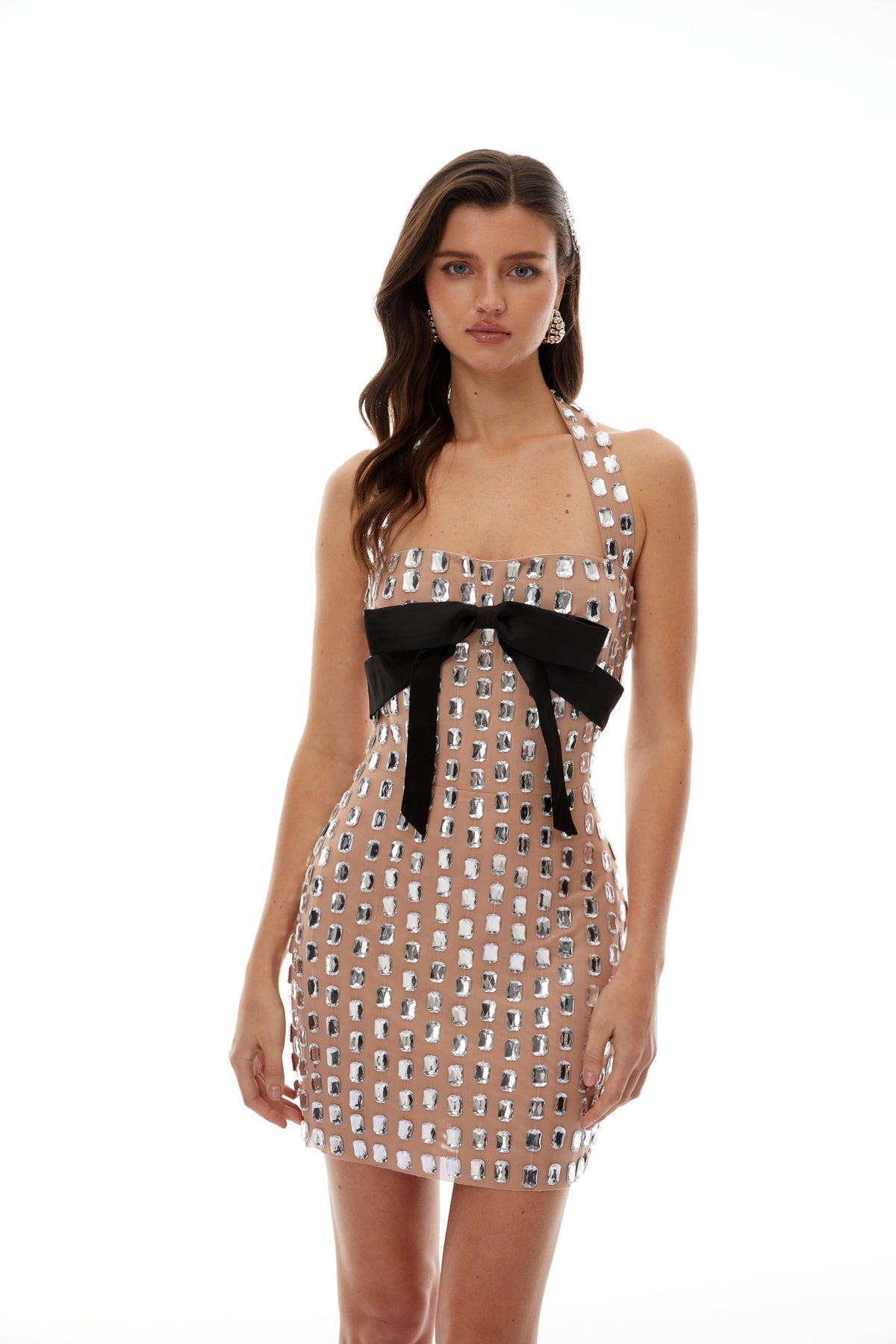 Silver Halterneck Bowknot Crystal Mini Dress