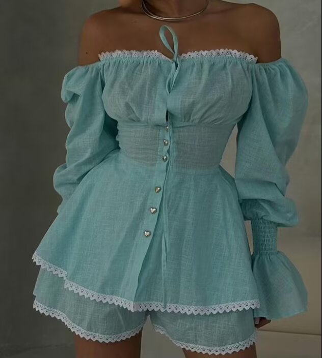 off Shoulder Lantern Sleeve Tied Top High Waist Shorts Suit