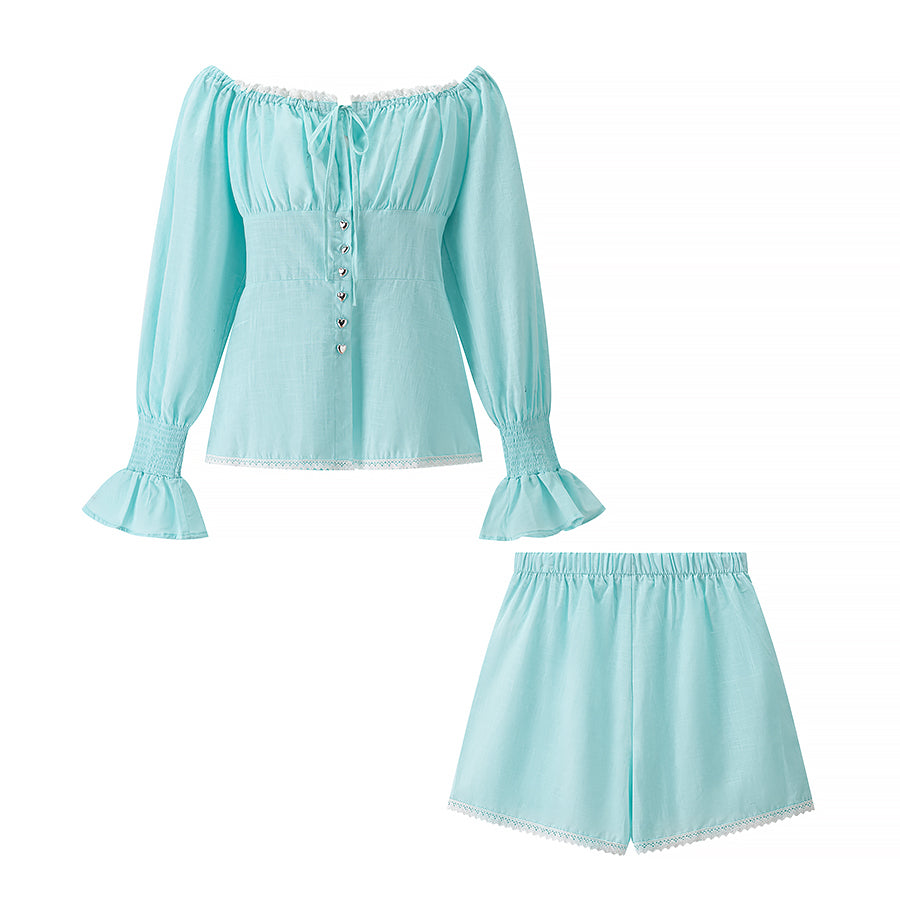 off Shoulder Lantern Sleeve Tied Top High Waist Shorts Suit