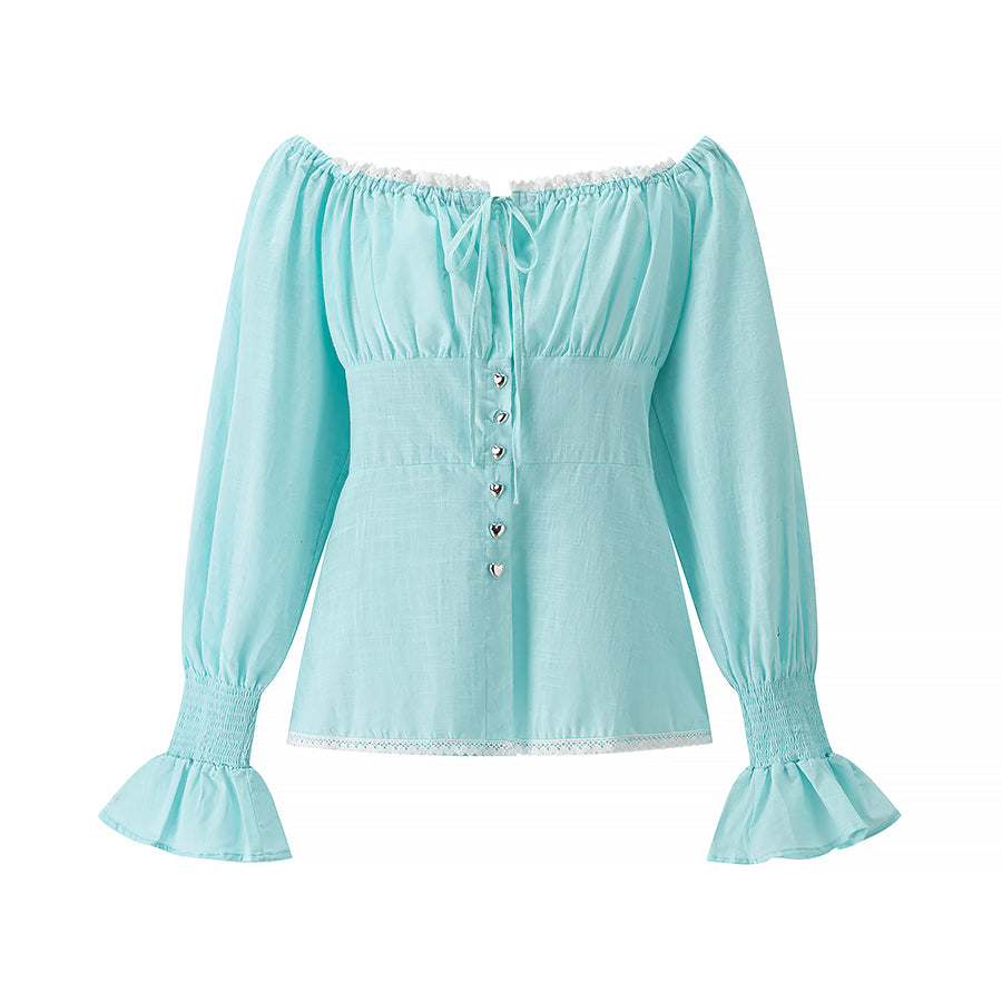 off Shoulder Lantern Sleeve Tied Top High Waist Shorts Suit