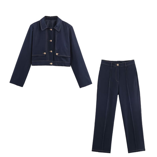 Contrast Short Coat Straight Leg Pants Sets