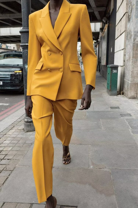 Autumn Women Office Double Breasted Blazer Trousers Two Piece Sets