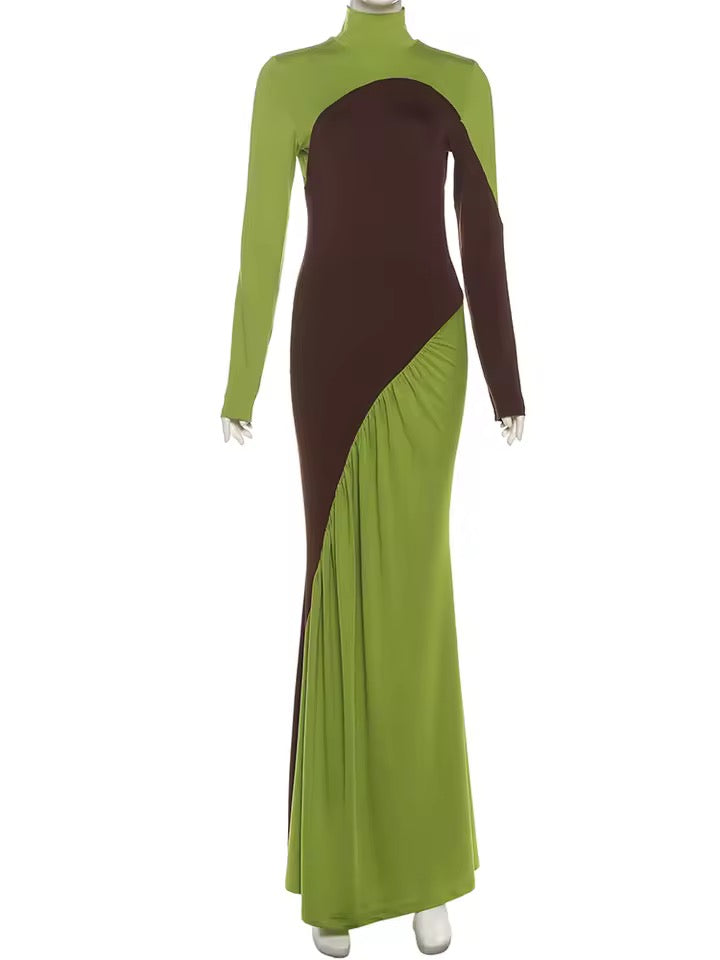Contrast Color Long Sleeve High Neck Maxi Dress