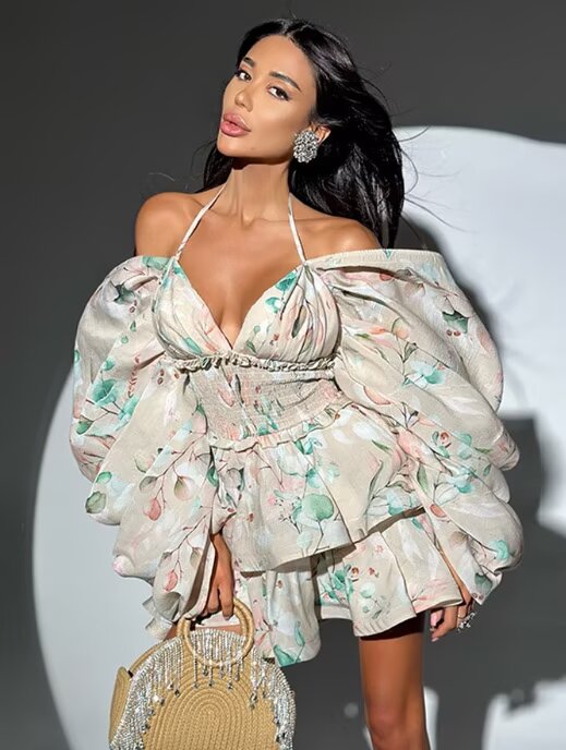 Wind Backless Design Slimming Lotus Leaf Printed Dress