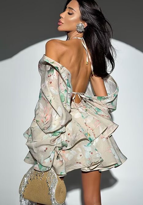 Wind Backless Design Slimming Lotus Leaf Printed Dress