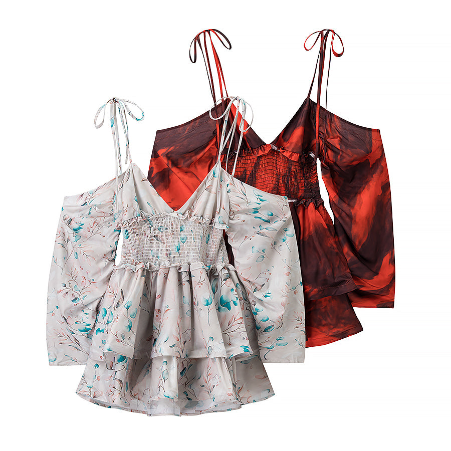 Wind Backless Design Slimming Lotus Leaf Printed Dress