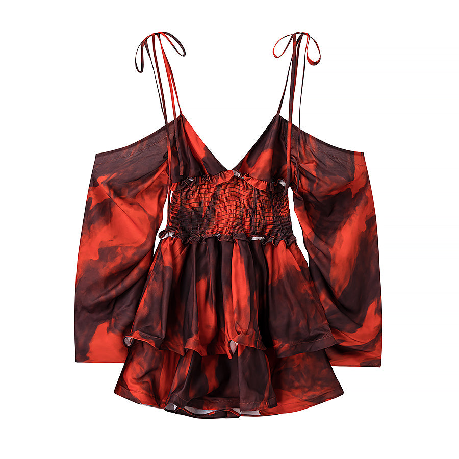 Wind Backless Design Slimming Lotus Leaf Printed Dress