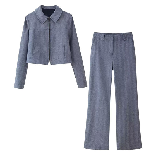 Women Clothing Herringbone Pattern Short Blazer Herringbone Twill Straight Leg Pants Sets
