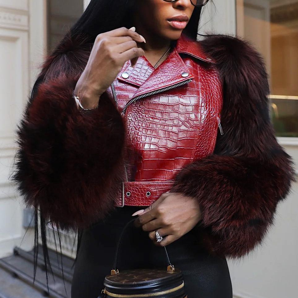 Stitching Fur Motorcycle Jacket Faux Leather Jacket Street Warm Top