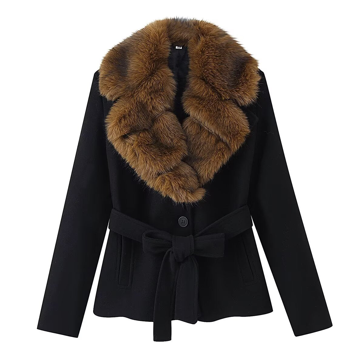 Winter Artificial Fur Collared Waist Tight Lace up Woolen Coat