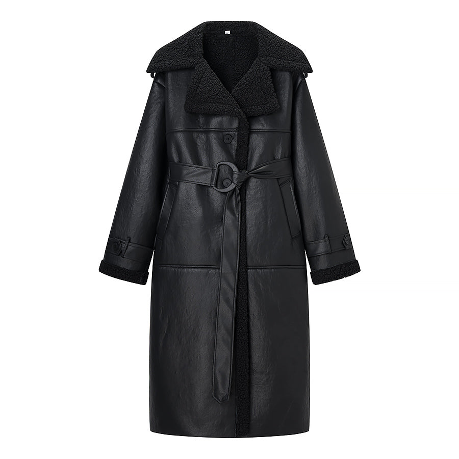 Autumn Winter Women Clothing Women Trench Coat Elegant Long Women Coat Collared Long Sleeve Belt