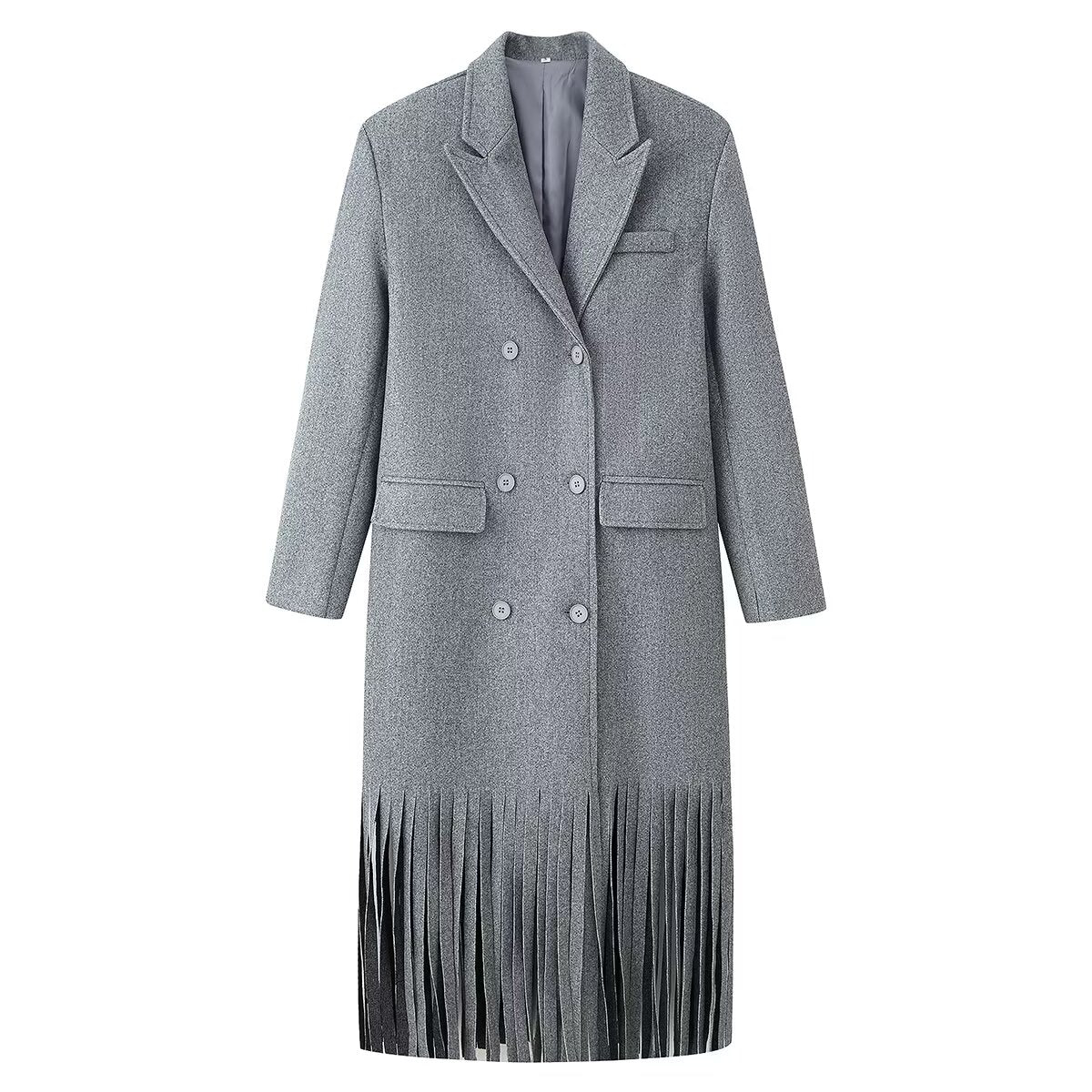 Tassel Hem Double Breasted Woolen Long Coat