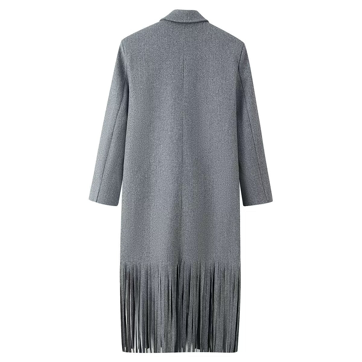 Tassel Hem Double Breasted Woolen Long Coat