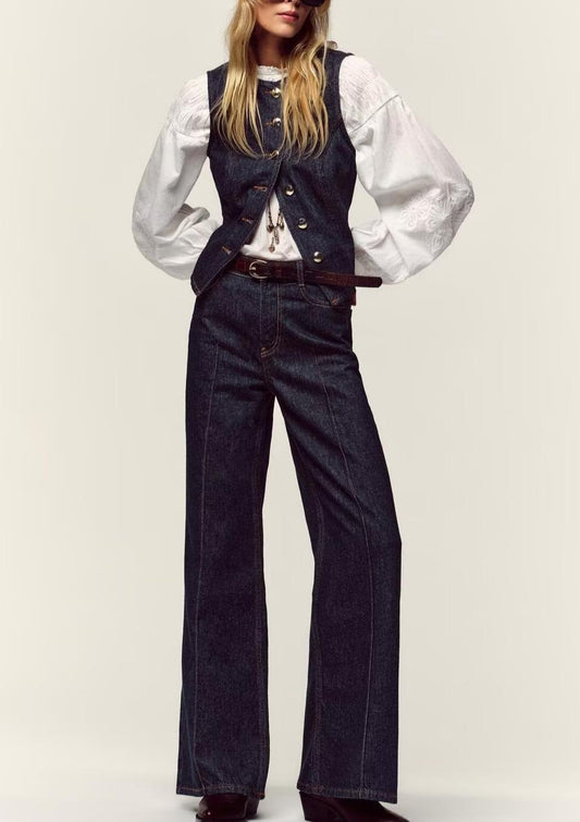 Autumn Women Clothing Casual Denim Vest Belt Pants