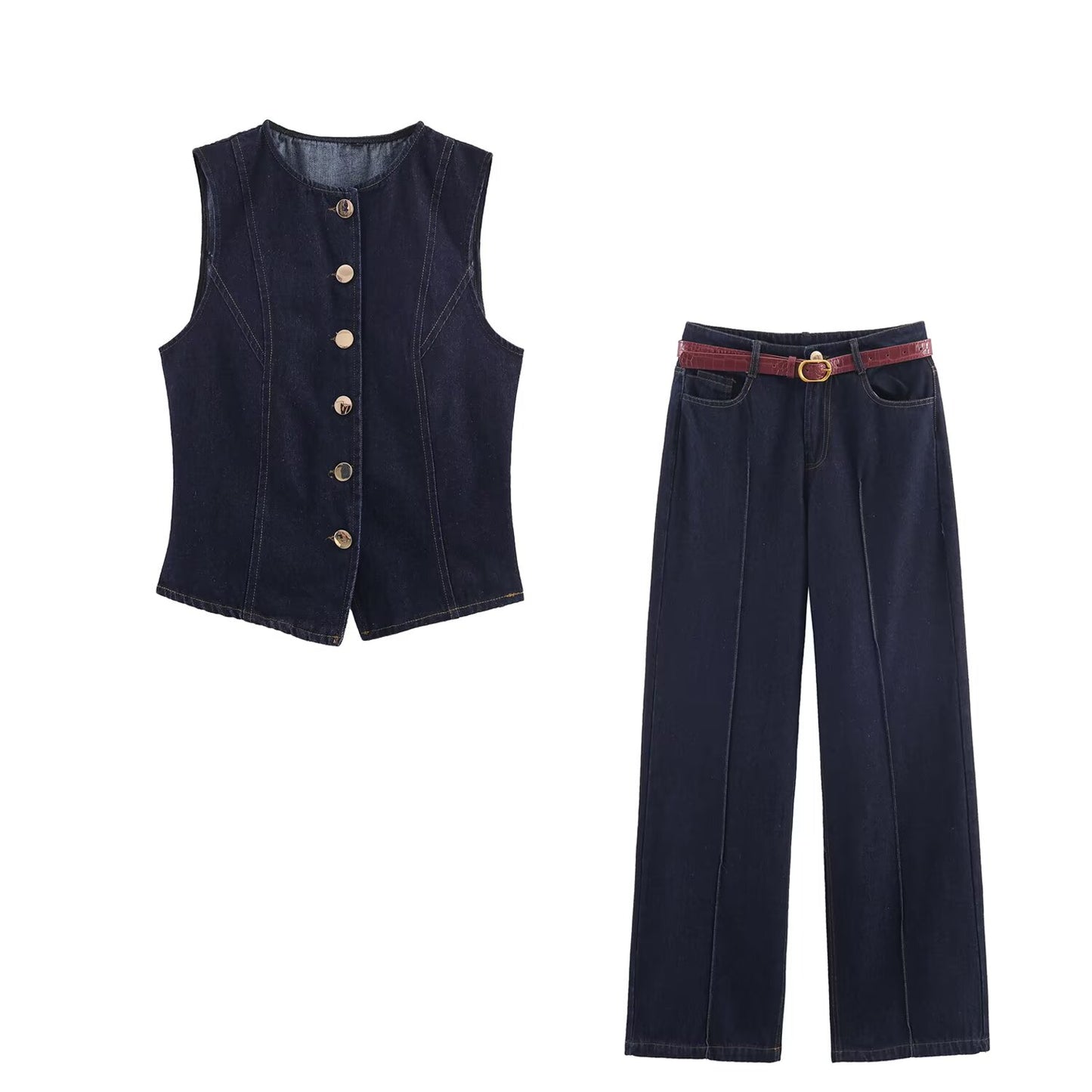 Autumn Women Clothing Casual Denim Vest Belt Pants