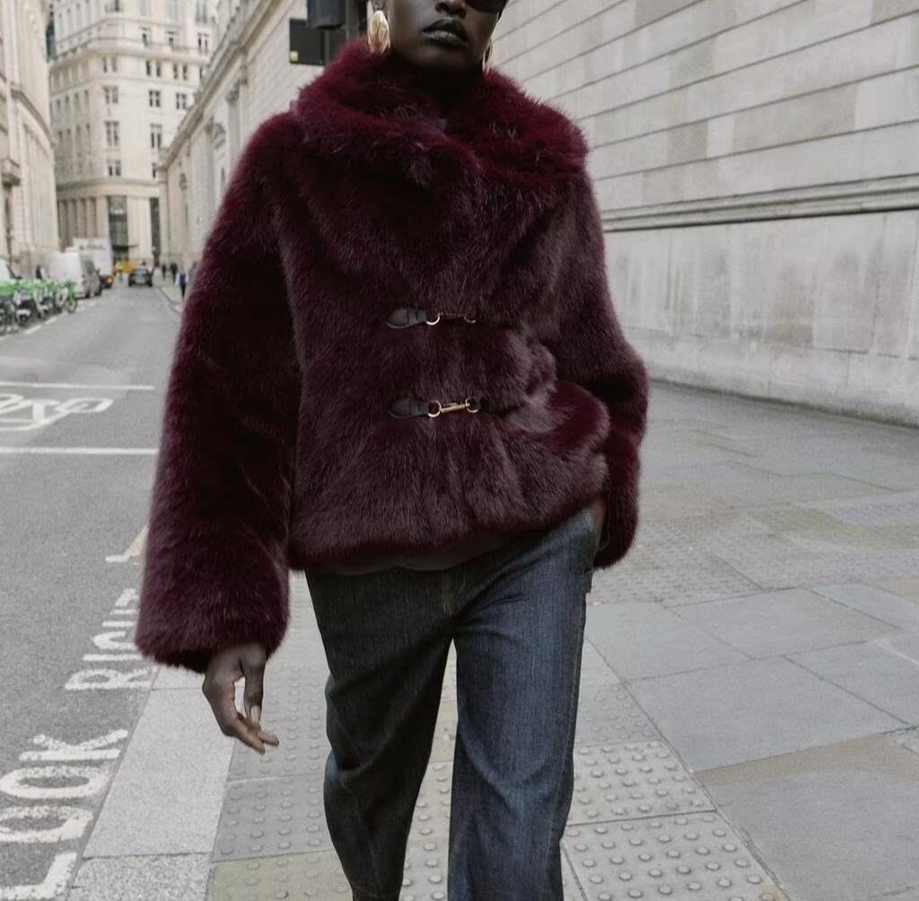 Loose Artificial Fur Effect Long Sleeved Jacket Coat