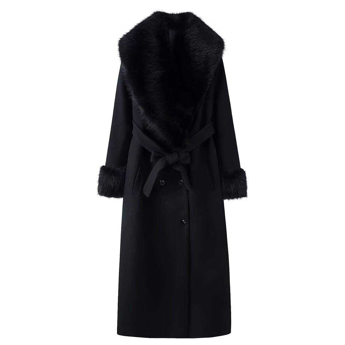Collared Double Breasted Woolen Fur Collar Long Cut Coat