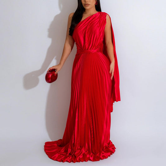 One Shoulder Dress Pleated Diagonal Collar Dress