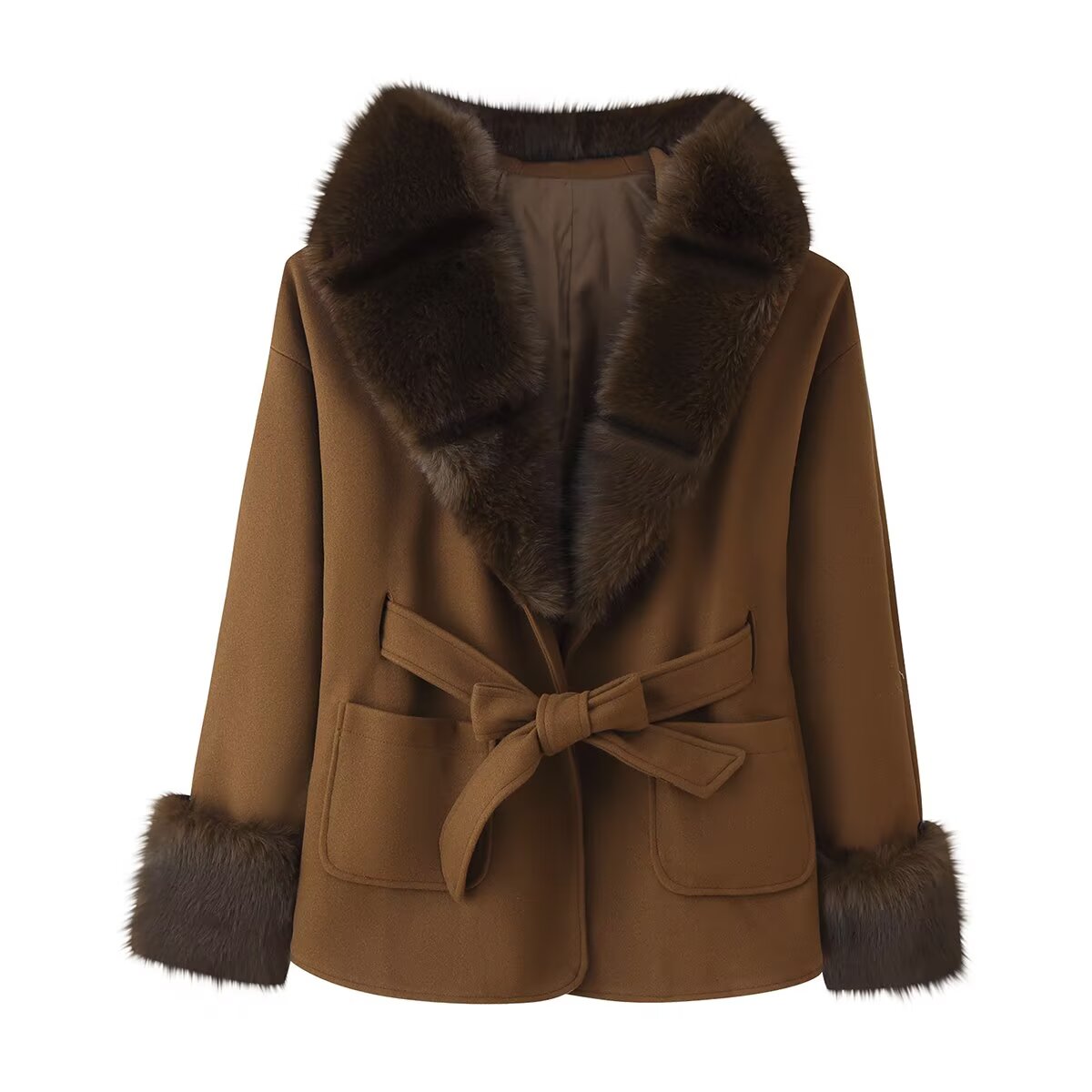 Casual Fur Collar Hood Woolen Coat