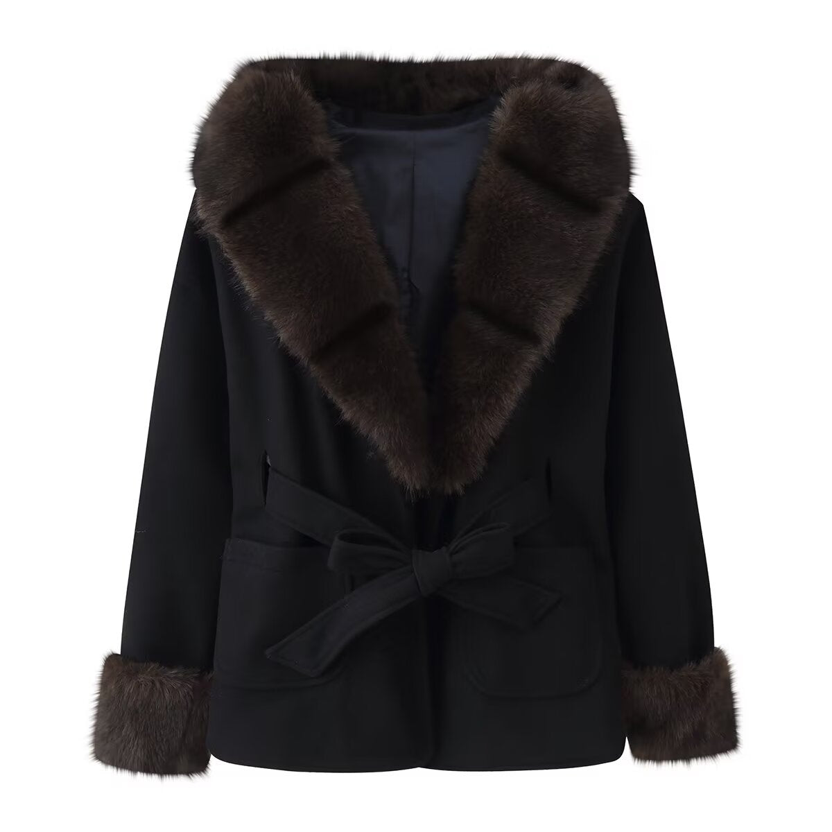 Casual Fur Collar Hood Woolen Coat