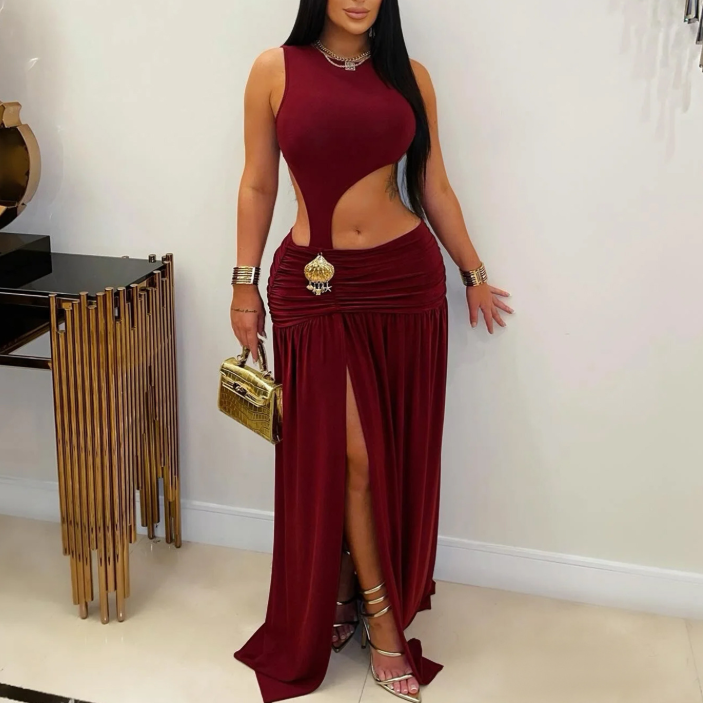 Solid Color Sleeveless Cropped Split Dress