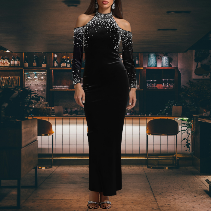 Rhinestone Bubble Beads Arm Covering Sexy Dress