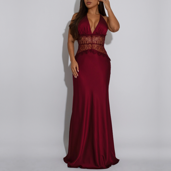 Lace V neck Stitched Backless Dress