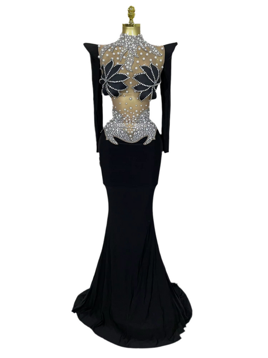 Sparkly Diamonds Pearl Black Sexy See Through Mesh Long Dress