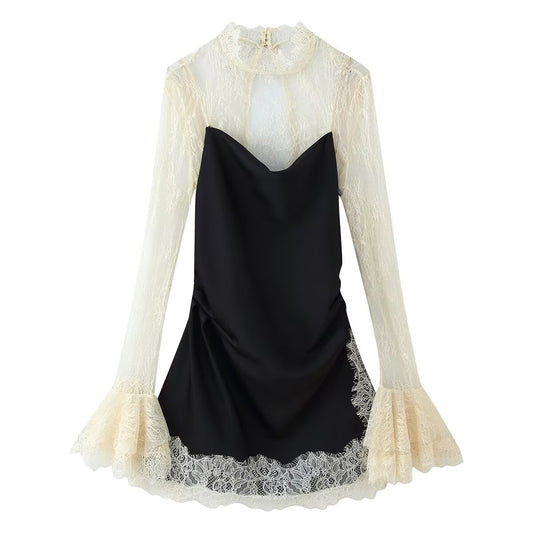 Simple Thin Lace Patchwork Flared Sleeves Dress