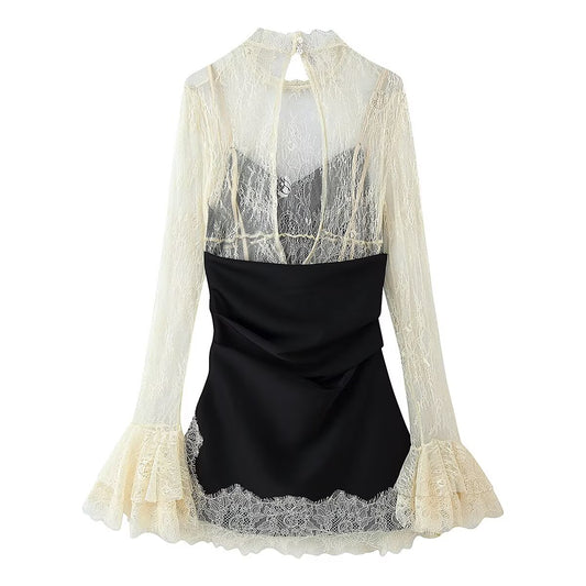 Simple Thin Lace Patchwork Flared Sleeves Dress