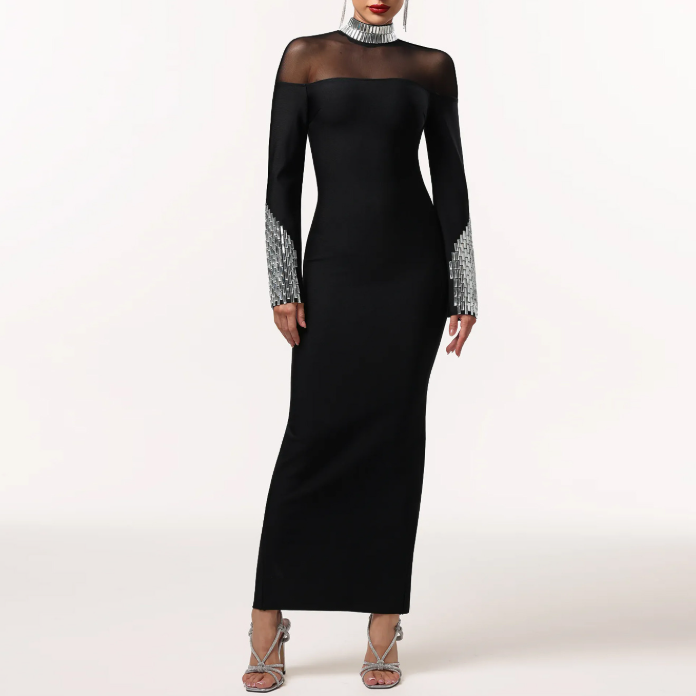 Collar Long Sleeve Slim Fit Rhinestone Dress