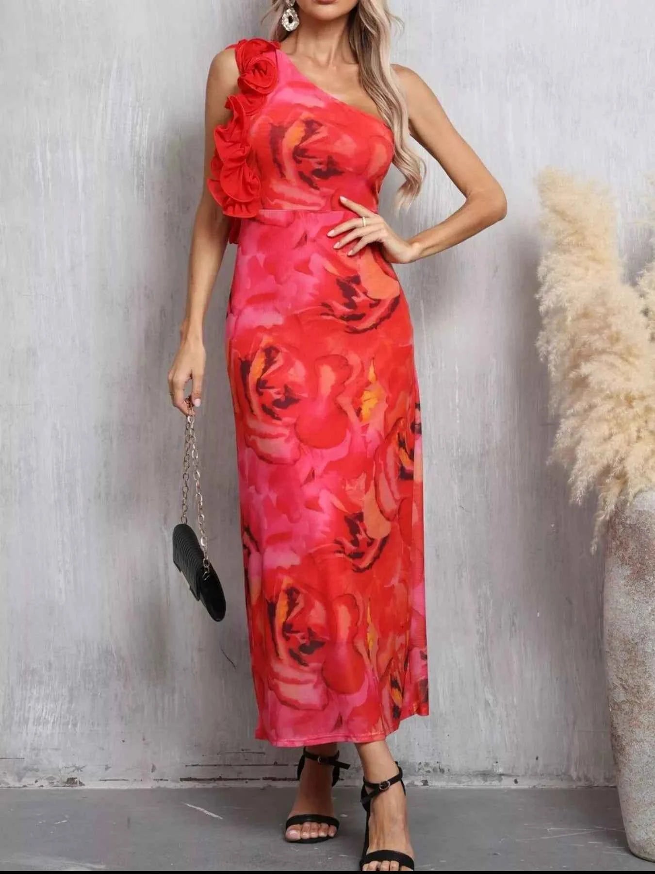 Floral Print One Shoulder Ruffle Trim Dress