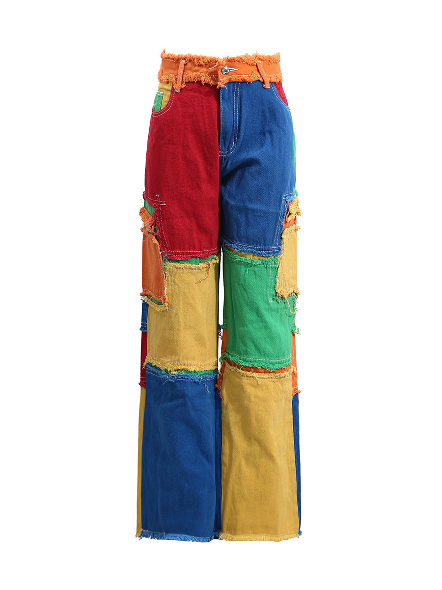 Street Mixed Color Stitching High Waist Brushed Straight Leg Pants