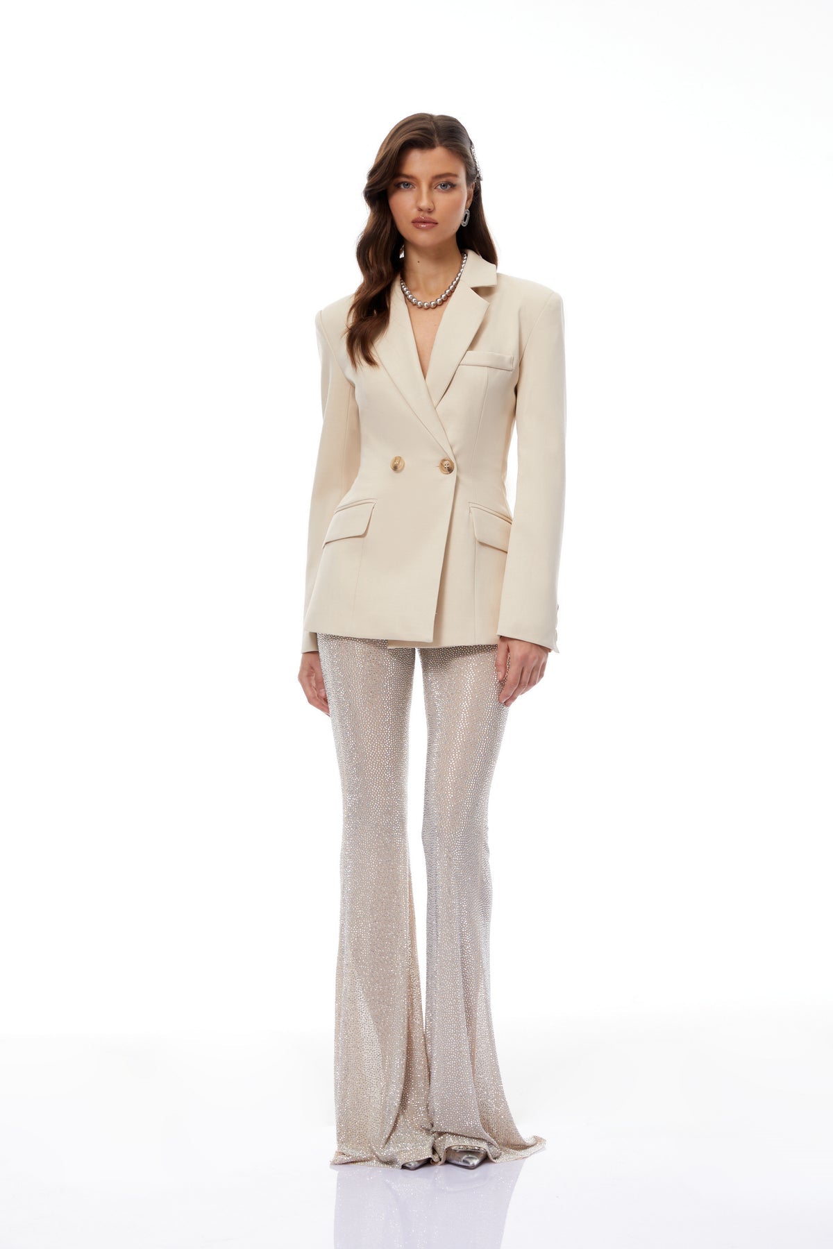 Cream Double-Breasted Blazer & Rhinestone Trousers Set