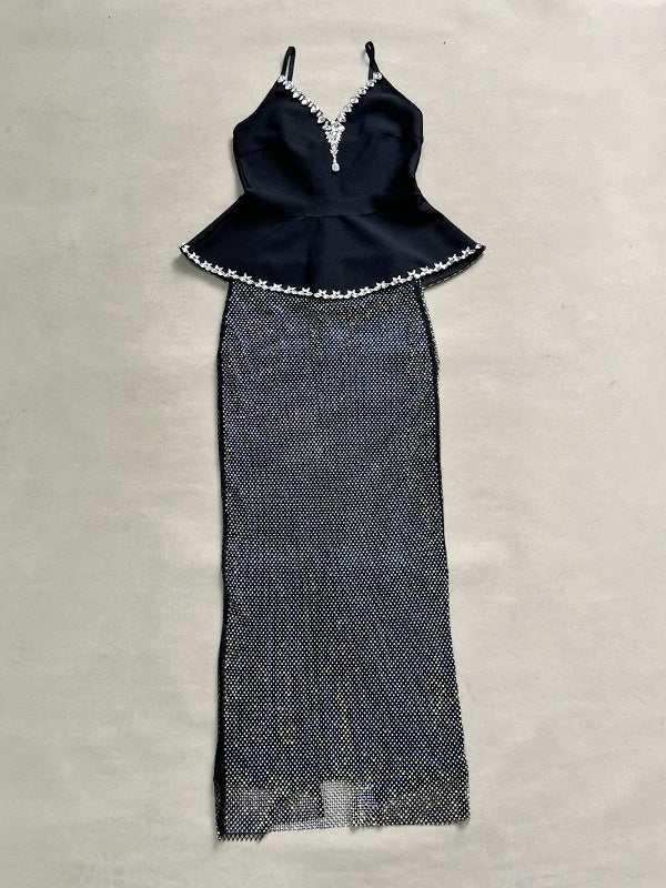 Black-Gold Spaghetti Strap Two-Piece Maxi Dress