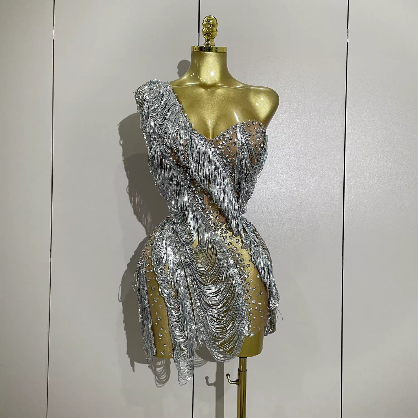 Sparkly Rhinestone Sequins Tassel Mesh One Shoulder Short Dress