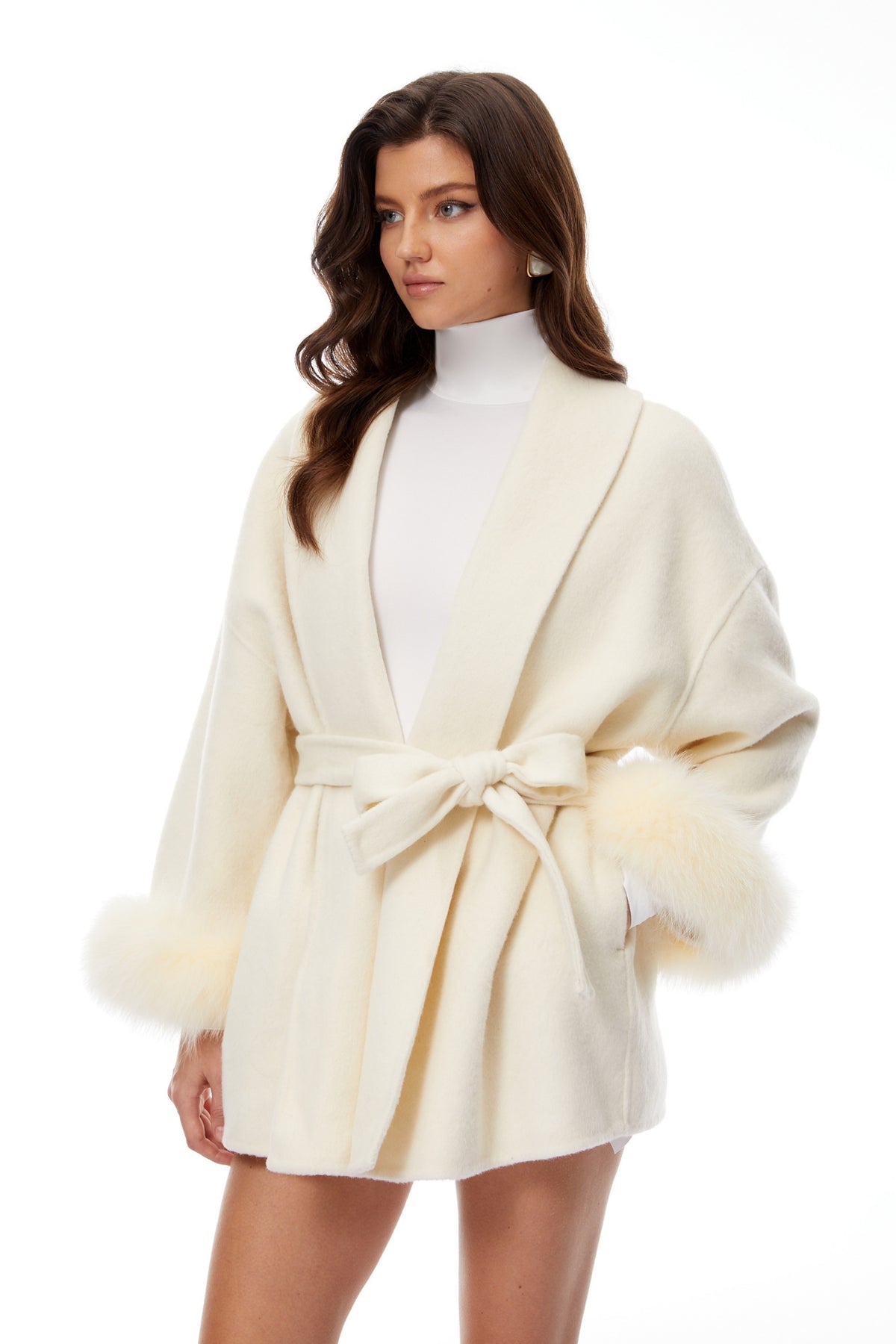 Cream Fur Trim Belted Wool Coat