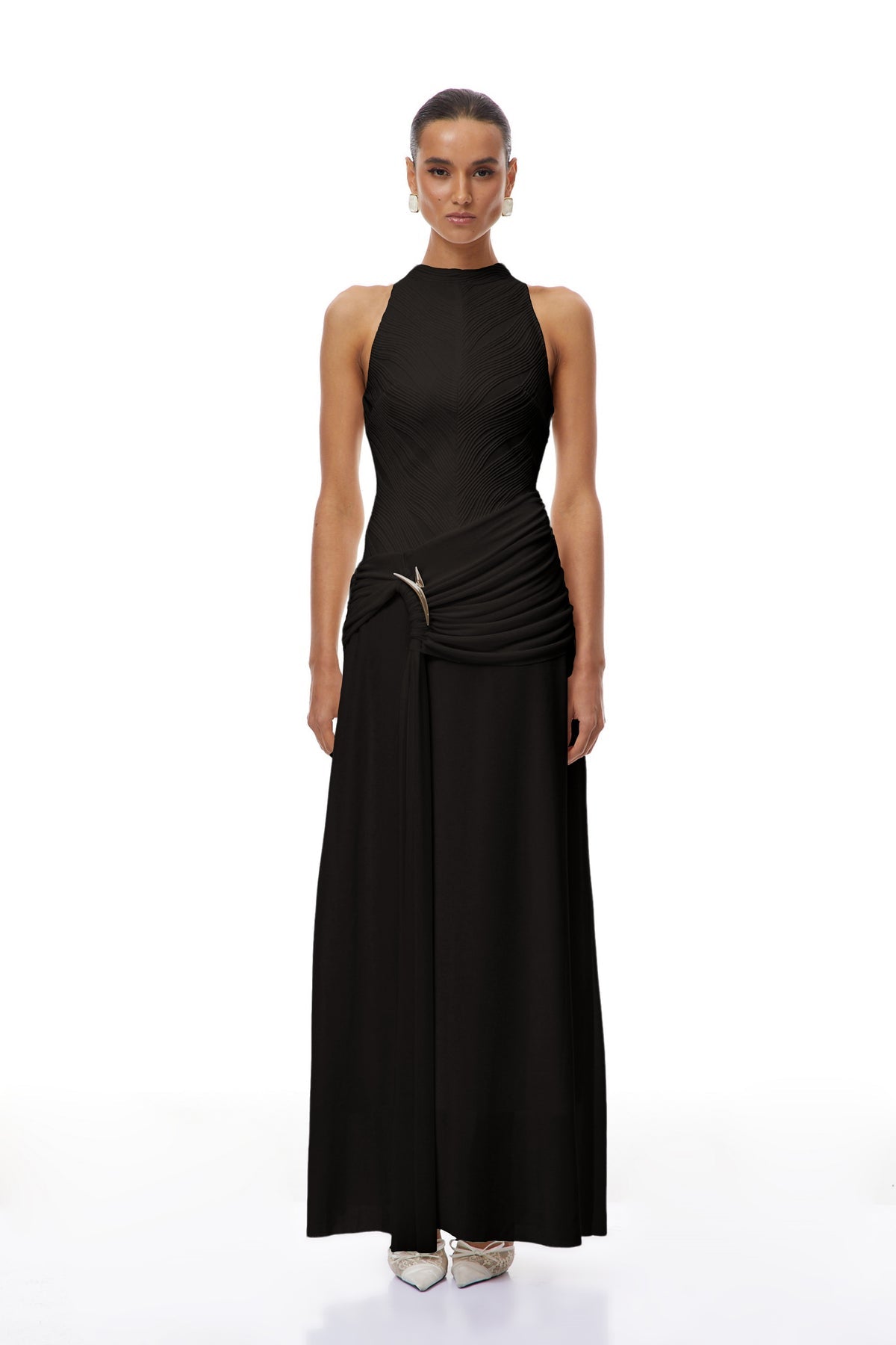 Black Ruched Ribbon Textured Maxi Dress
