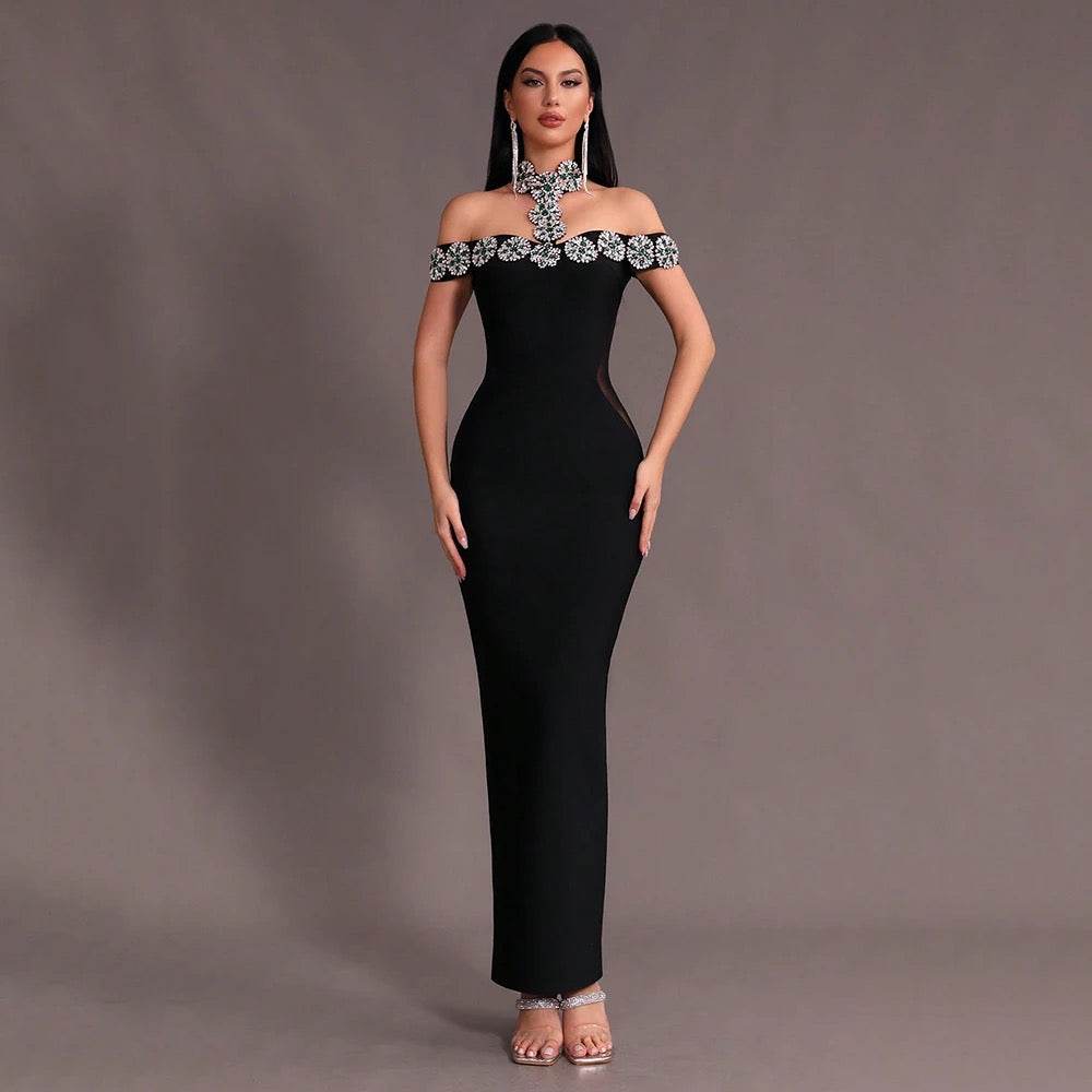 Off Shoulder Luxury Diamond Tight Long Bandage Dress - REBECATHELABEL