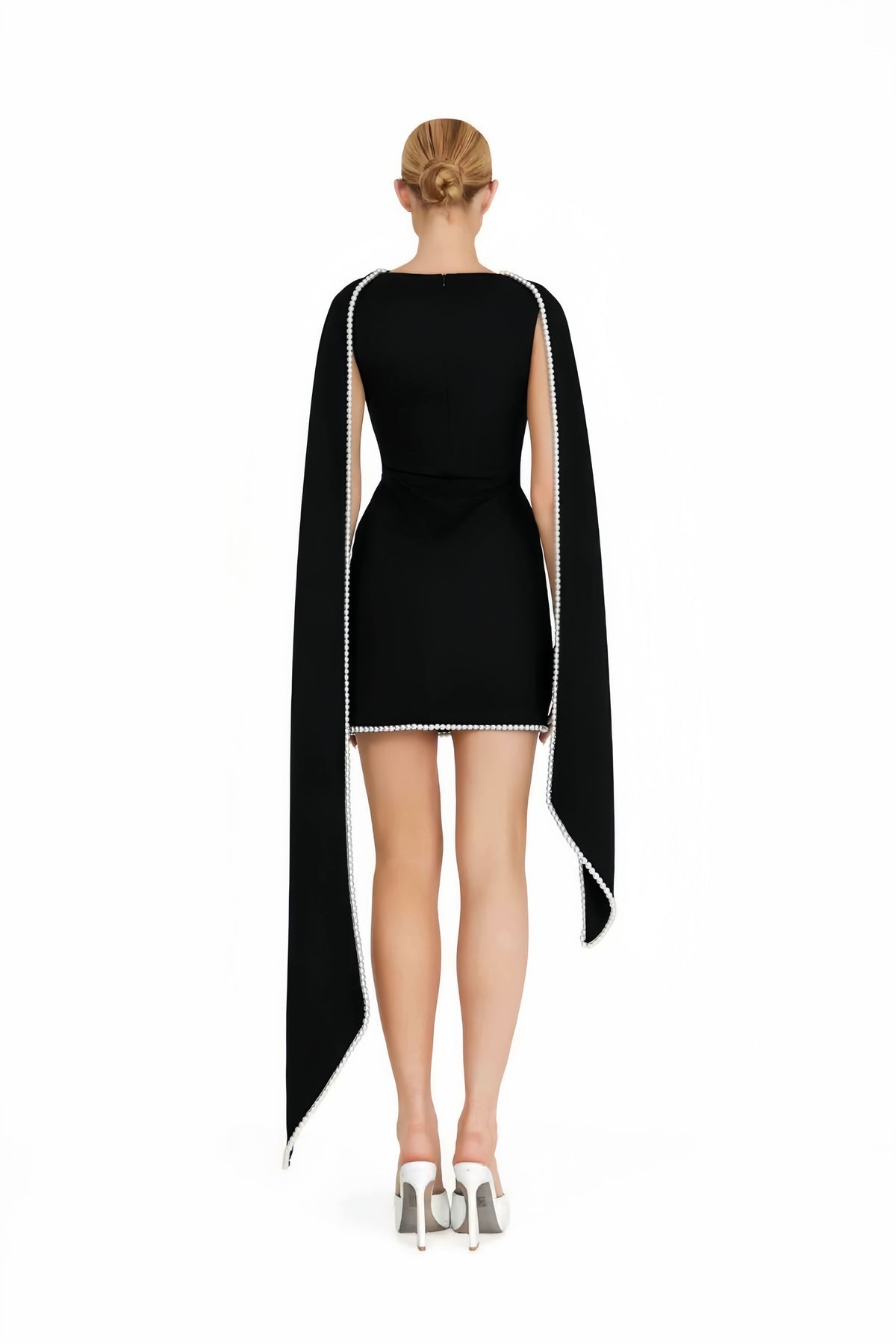 Black Sleeveless Pearl Trim Mini Dress