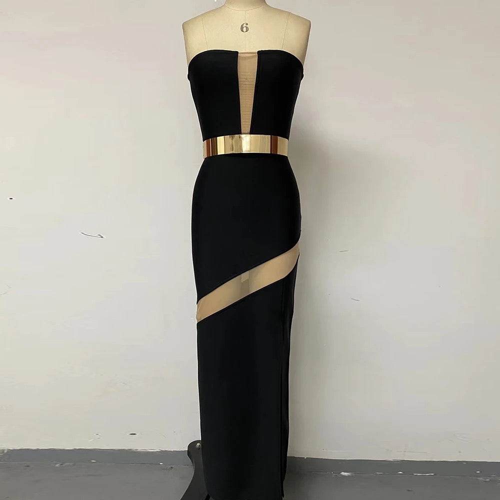 Strapless V-neck Mesh Spliced Gold Belt Long Bandage Dress - REBECATHELABEL