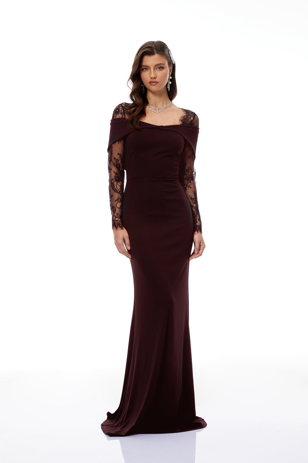 Brown Lace Panel Flared Maxi Gown