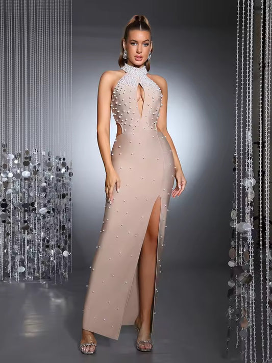 Khaki Halter Hollow Pearl Bead Bodycon Long Bandage dress