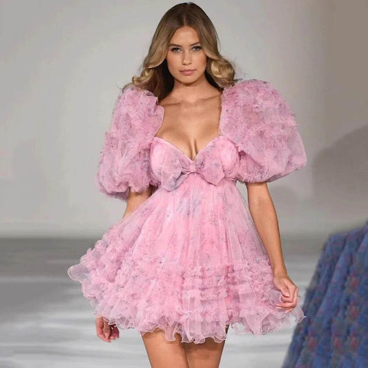 Ball Print Formal Mini Fluffy Sleeves Folded Bow Dress - REBECATHELABEL