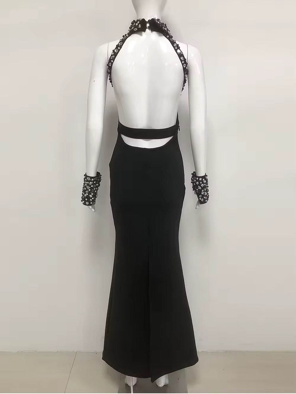 Black Bead Backless Long Bandage Dress - REBECATHELABEL