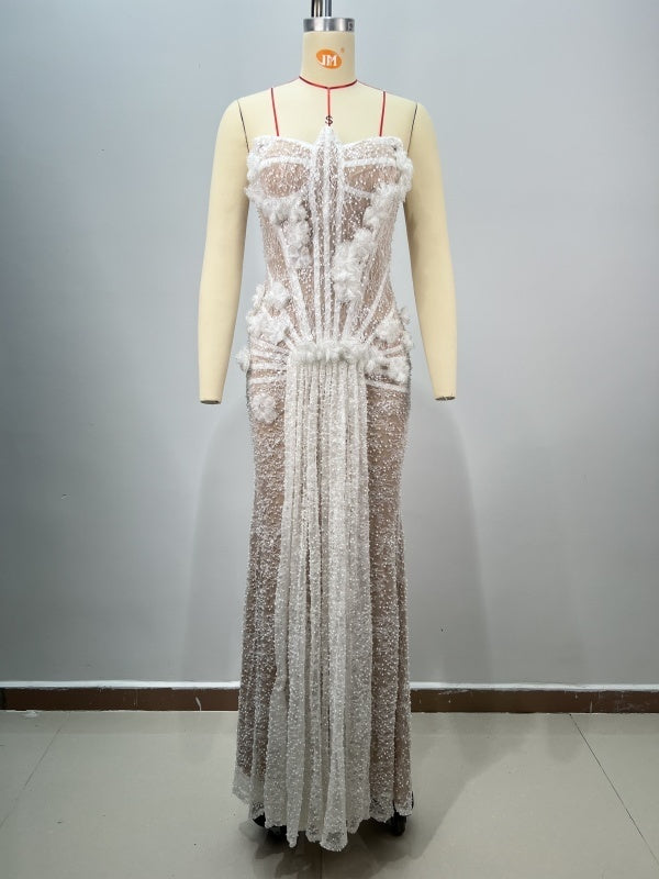 Lace Beads Tube Top White Flowers Wedding Dress For Dinner